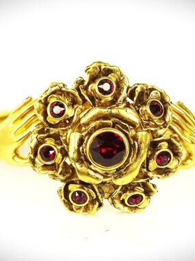 MARC JACOBS Gold Tone Metal Faux Pearls & Red Crystals Rose Bangle Bracelet